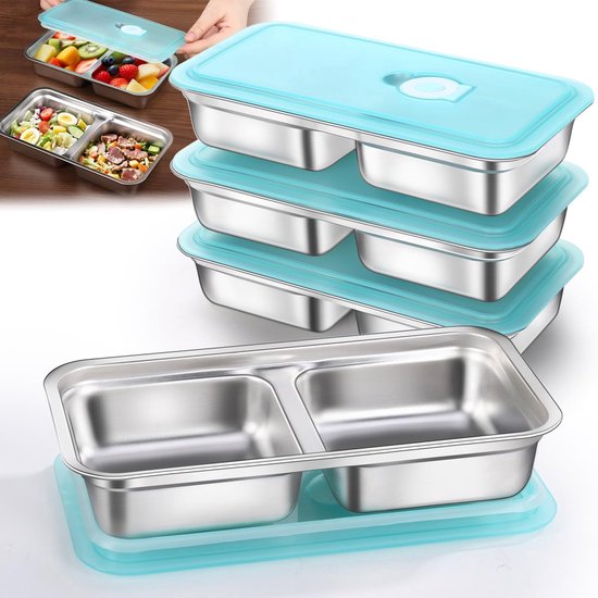 Ensemble de 4 boîtes à collations en acier inoxydable, réutilisables, faciles à transporter, 2 compartiments pour le stockage des aliments, avec couvercle étanche, adapté aux voyages et au camping