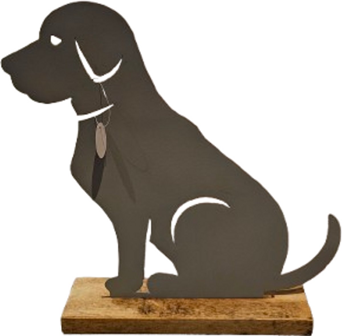 Metalen beeld van hond in een blok hout decoratie dieren cadeau