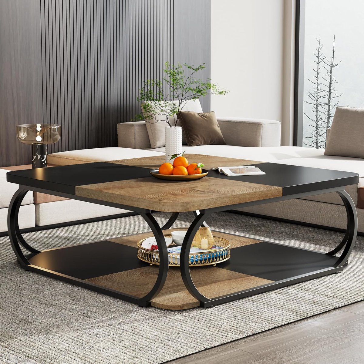 Tribesigns Salontafel - Salontafel Vierkant - Woonkamer Bijzettafel - 100 x 100 x 50 cm - Zwart Lichtbruin - Salon tafel