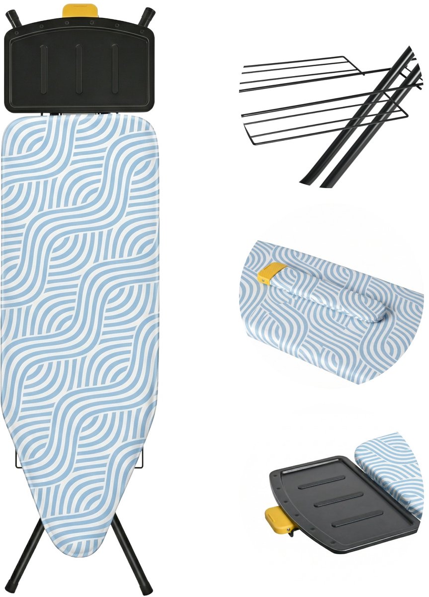 STAUS&BACH Strijkplank X - voor Stoomgenerator - 122 x 43,5 cm - Inclusief mouwplankje en opvouwrek - 76 - 96 cm in hoogte verstelbaar - Met stoomunithouder stoomstrijkijzer - Blauw - Ironiq Pro