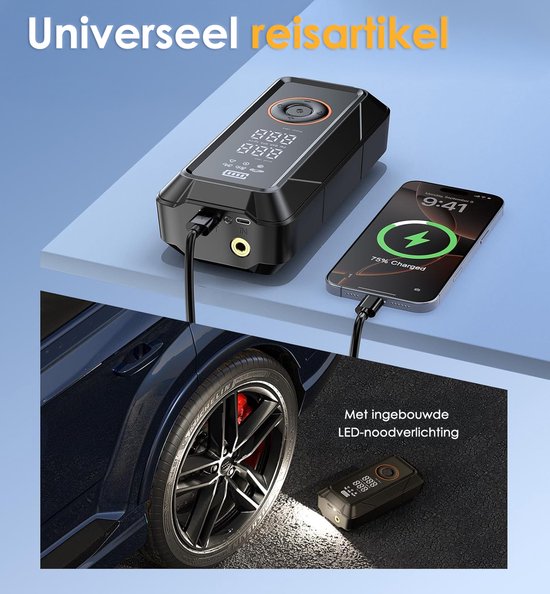 Elektrische Fietspomp 4000mAh - Draagbare Luchtcompressor met LED - Voor Auto, Fiets & Ballen - Incl. 4 Opzetstukken — afbeelding 3