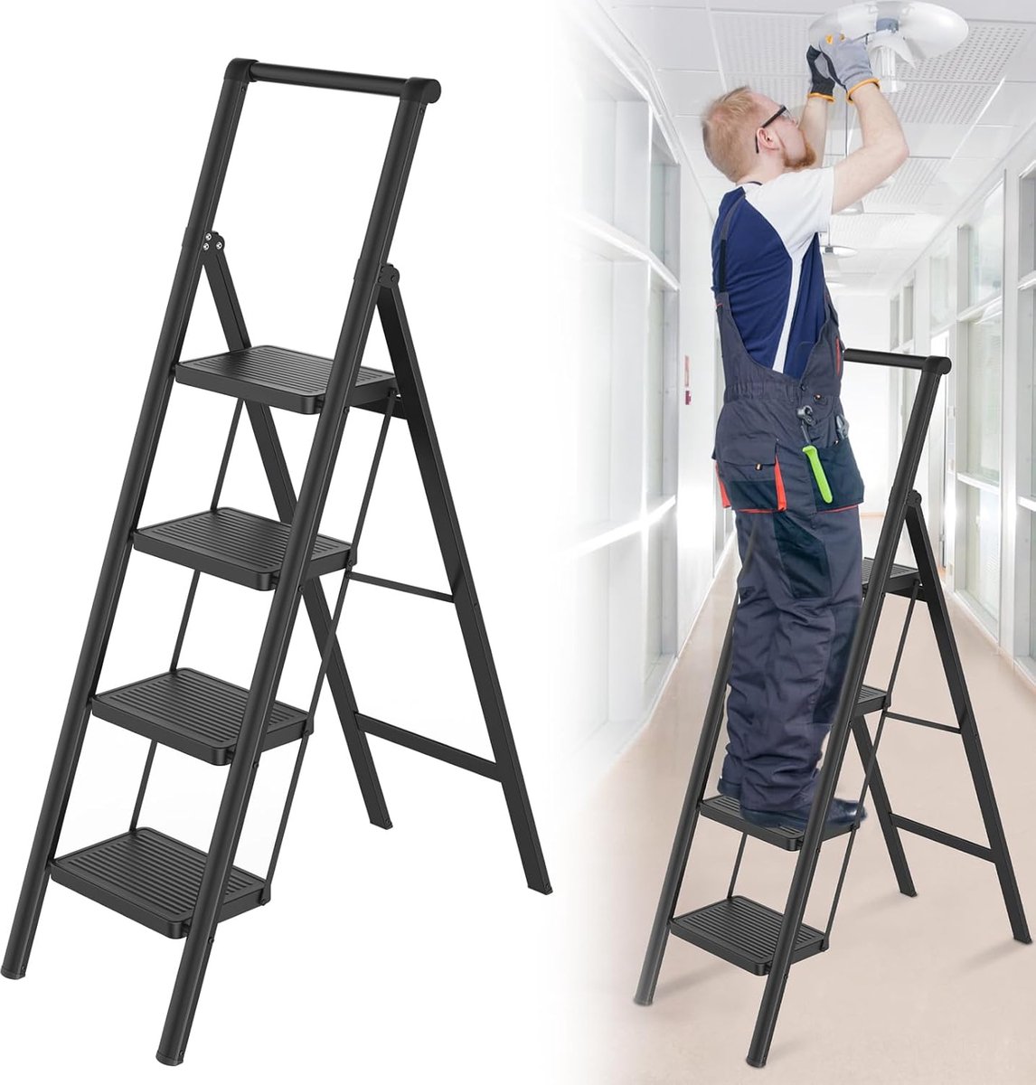 Aufun Opvouwbare trap - met antislip treden - 4 treden met leuning - van ijzer - draagvermogen 250 kg - voor thuis, keuken en buitenruimtes