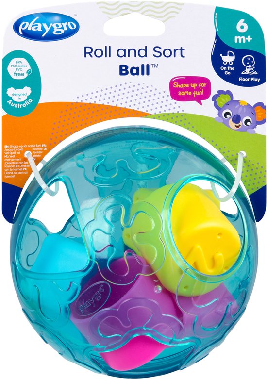 Playgro Roll and Sort Ball verpakking met de blauwe bal vol met kleurrijke vormpjes.