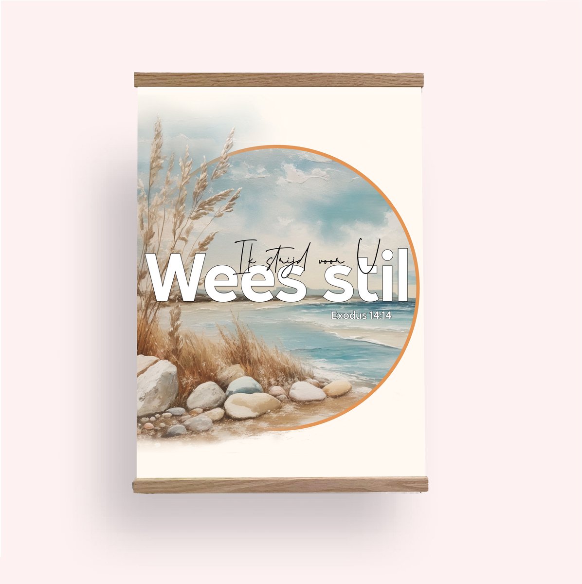 Textielposter met Houten Hangers – Exodus 14:14 – A4 – Christelijke Poster Wees Stil – Nederlands
