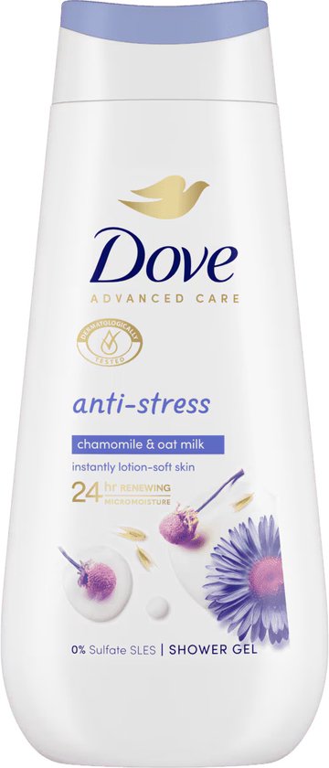Witte fles Dove Advanced Care douchecrème 'anti-stress' met blauw-paars accent. Kamille en havermelk 24h hydratatie.