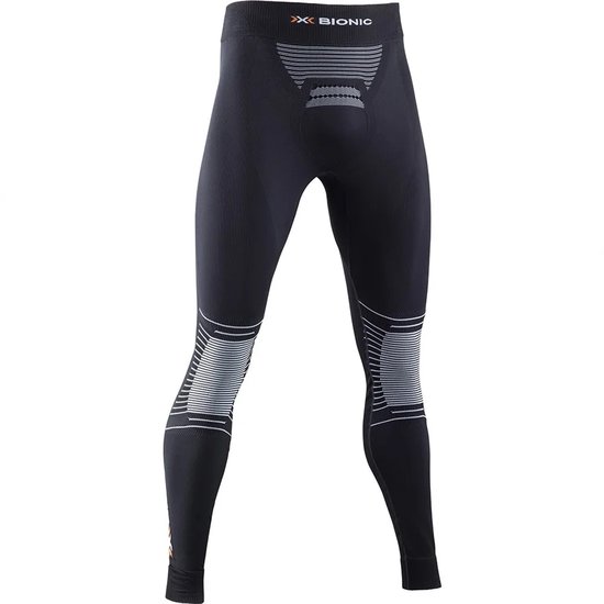 Sous-vêtement de sport de compression noir X-Bionic avec texture côtelée, accents argentés aux genoux et rayures argentées.