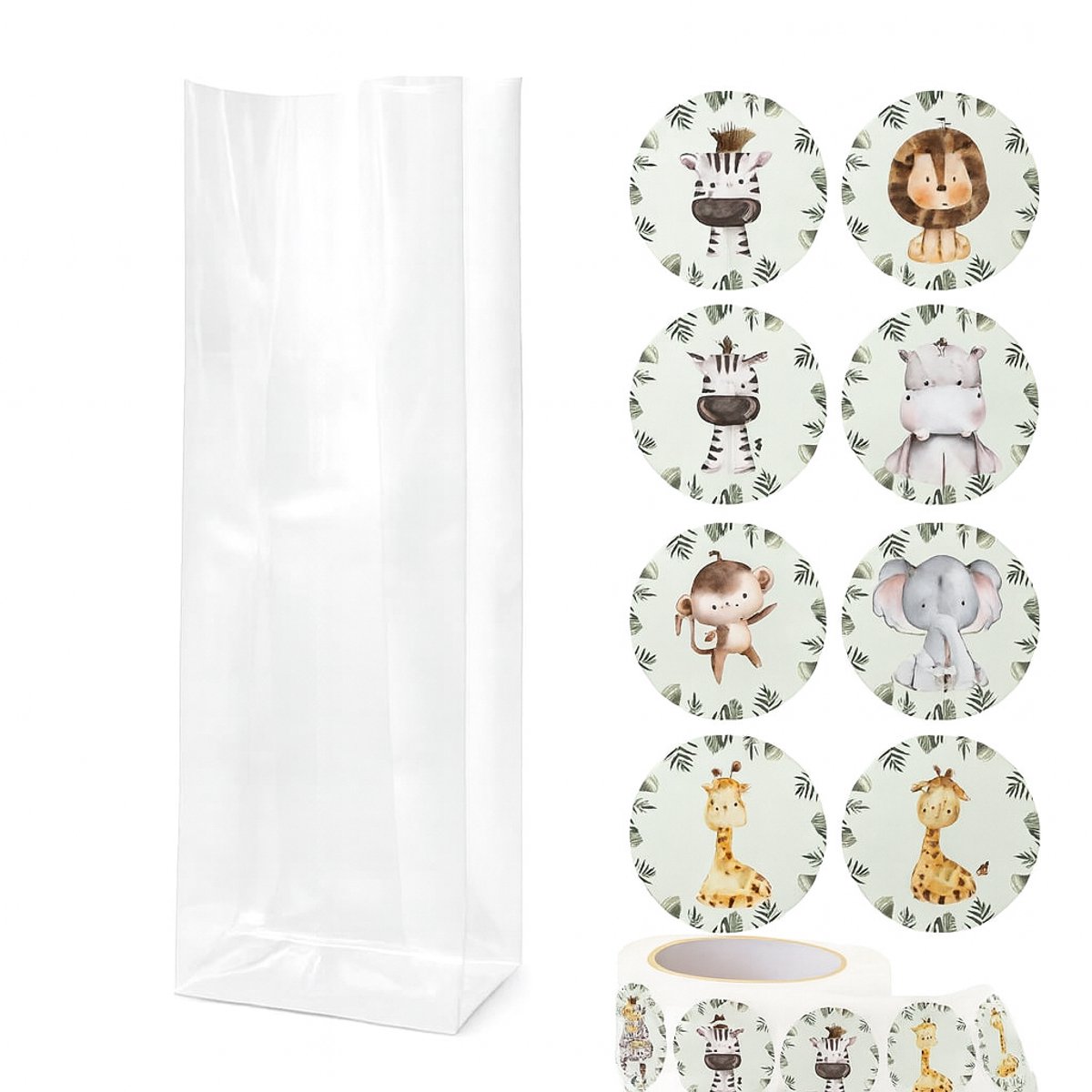 25x Uitdeelzakjes met Jungle stickers | Blokbodem | 60 x 50 x 200 mm | Traktatiezakjes | Kinderfeestje | Cellofaanzakjes | Cadeauzakjes | Snoepzakjes | Uitdeelzakjes kinderen | Cadeauzakjes Kinderen | Verpakkingszakjes Uitdeelcadeaus |