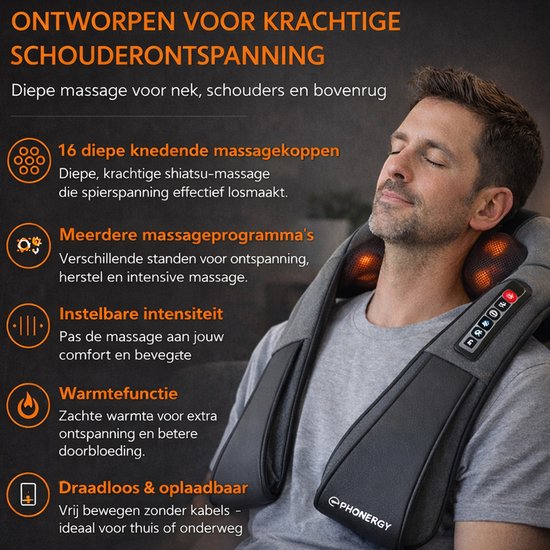 Phonergy Treatflow - Massagekussen - Draadloos - Elektrisch Apparaat - Nek en Schouder - Warmtefunctie met Infrarood - Draagtas -Zwart