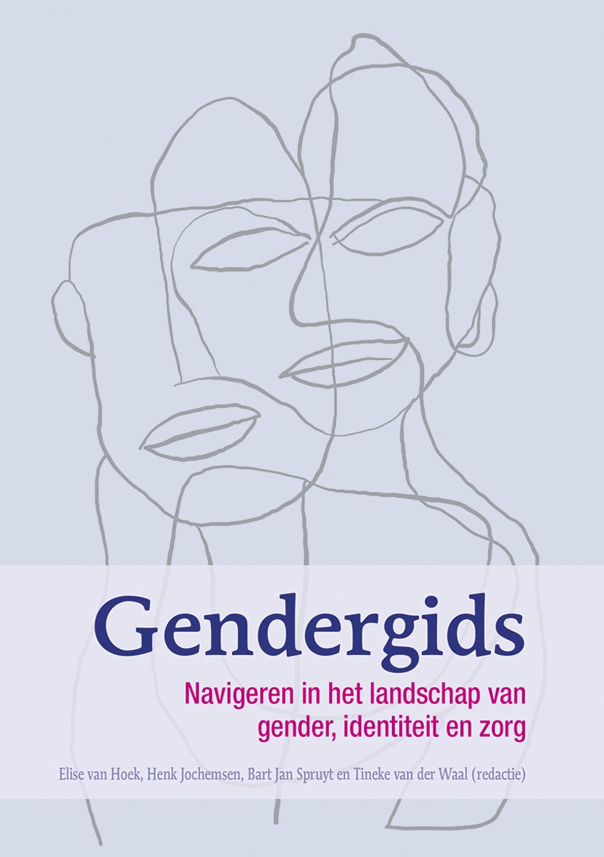 Cover van "Gendergids". Lijntekening van twee gezichten, met de titel "Gendergids" en de ondertitel "Navigeren in het landschap van gender, identiteit en zorg".