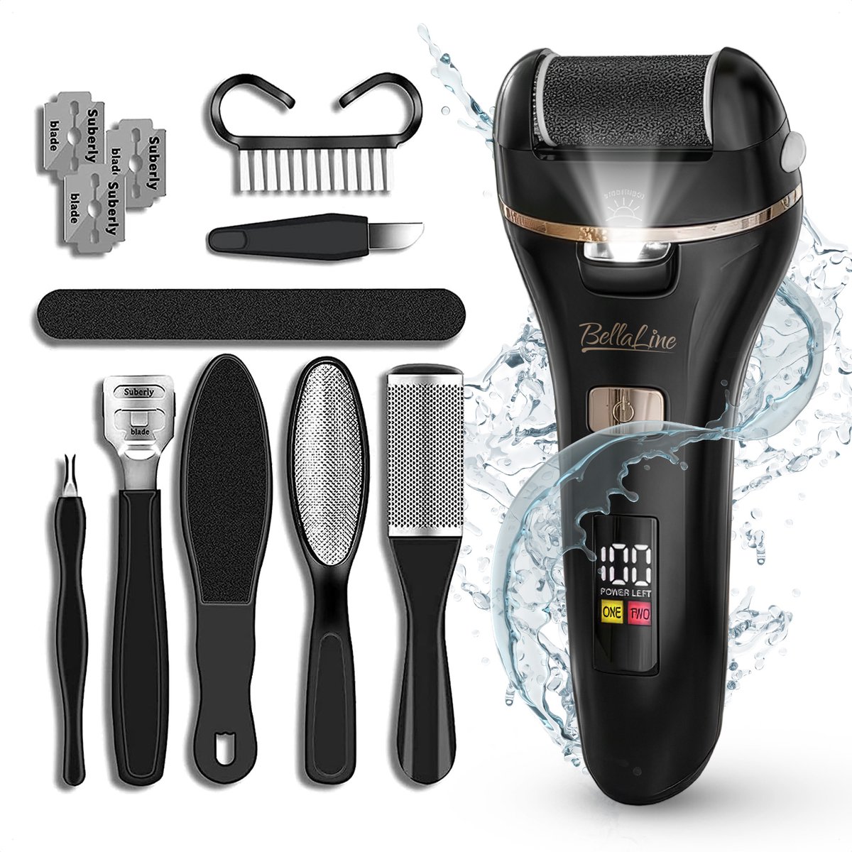 BellaLine – Elektrische Eeltverwijderaar Zwart goud – Oplaadbare Voetschraper – LED Licht – 2 Snelheden – Eeltvijl & Elektrische Voetvijl – Callus Remover – Pedicure Apparaat – Wet & Dry – Inclusief Pedicure Set – Professionele Eeltverwijdering