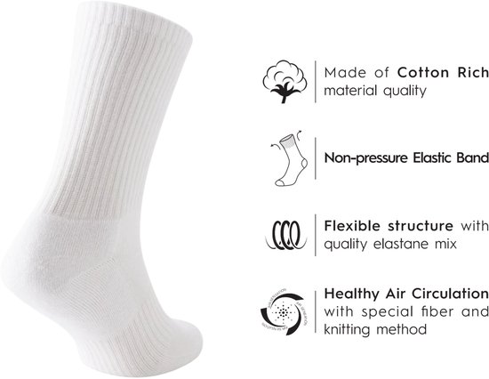 Chaussette blanche à côtes, avec icônes et texte sur le coton, l'élastique et la circulation de l'air.