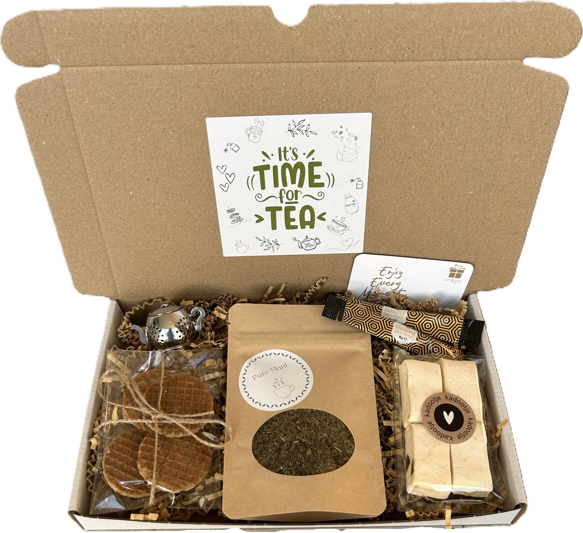 Thee brievenbus cadeau Pure Munt - thee - honing - noga - stroopwafels