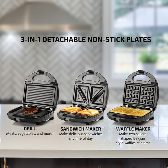 Tosti apparaat-Contactgrill met uitneembare platen-Contactgrill-Maakt twee sandwiches - wordt geleverd met 3 verwijderbare antiaanbakplaten - 750 watt - PFAS niet inbegrepen-Perfect voor het maken van sandwiches, wafels, hamburgers en steaks. — afbeelding 2