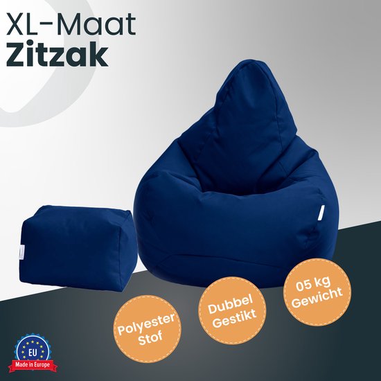 XL donkerblauwe zitzak en poef met tekst over polyester stof, dubbel gestikt en gewicht.