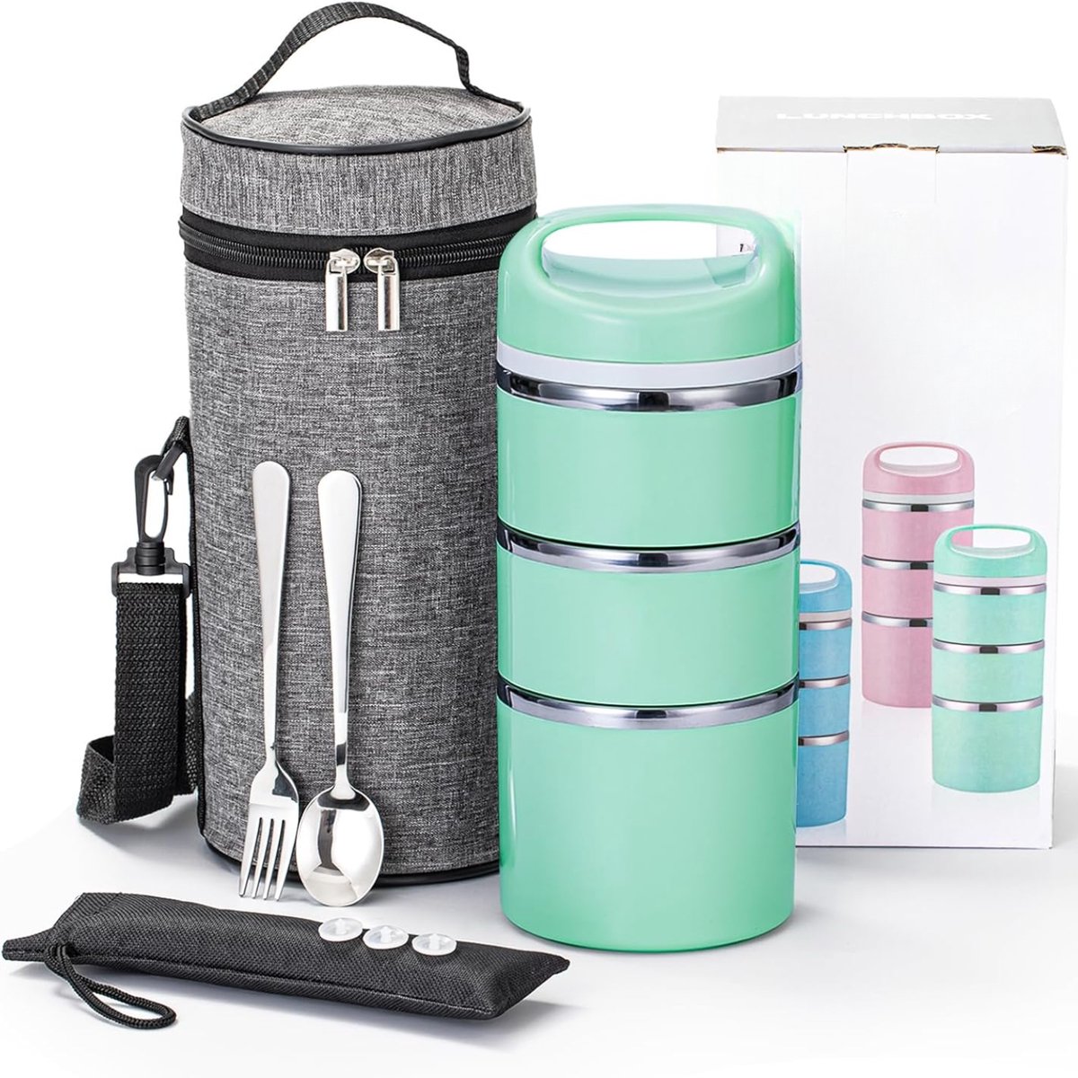 3 etages, lunchbox 3-laags, 2400 ml, roestvrij staal, binnenlunchtrommel met roestvrijstalen binnenmokken, 450 ml, lekvrije broodtrommel voor volwassenen en kinderen, voor werk,
