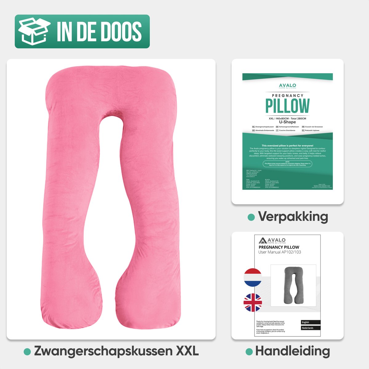 Avalo Zwangerschapskussen XXL 280 cm - U-Vorm Voedingskussen & Zijslaapkussen - Body Pillow - Lichaamskussen - Roze – foto 8