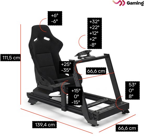 VDD On Pro Sim racing cockpit - Gaming - Zwart - Fiberglass kuipstoel - Aluminium - 66,6 x 139,4 x 111,5 cm - Race cockpit - Racestoel - Sim Racing - Race Simulator van vdd — afbeelding 4