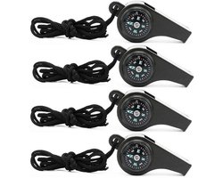 4 Stuks Noodfluit met Sleutelkoord - 3-in-1 Noodfluitjes Met Kompas & Thermometer - Survival Whistle - Noodfluitje bij Ramp - Avonturen - Kamperen - Bergbeklimmen - Luide Alarmfluit voor Noodgevallen - voor Buiten Wandelen - Zwart