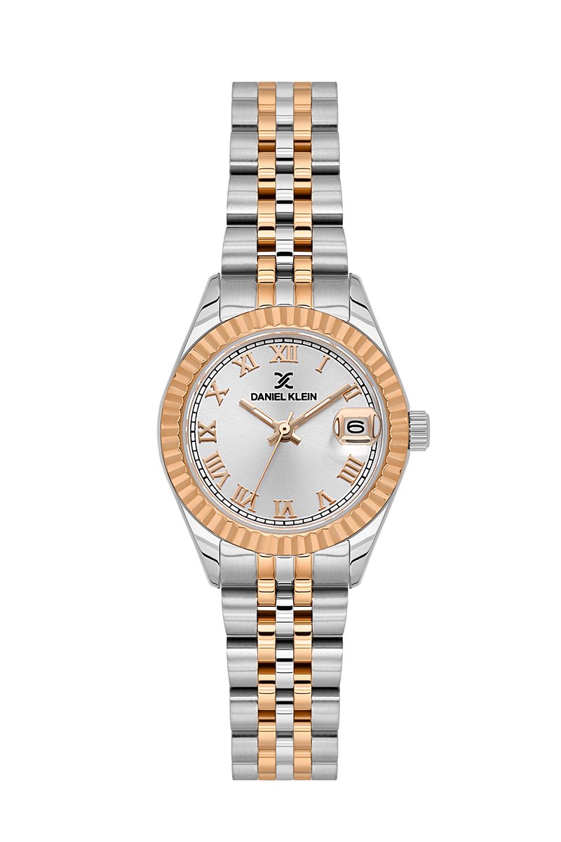 Daniel Klein DK.1.14097-6 - Horloge - Polshorloge - Analoog - Dames - Vrouwen - Rond - Stalen band - Metaal - Romeinse cijfers - Rechthoeken - Datumaanduiding - Zilverkleurig - Rosékleurig - Wit - Zwart