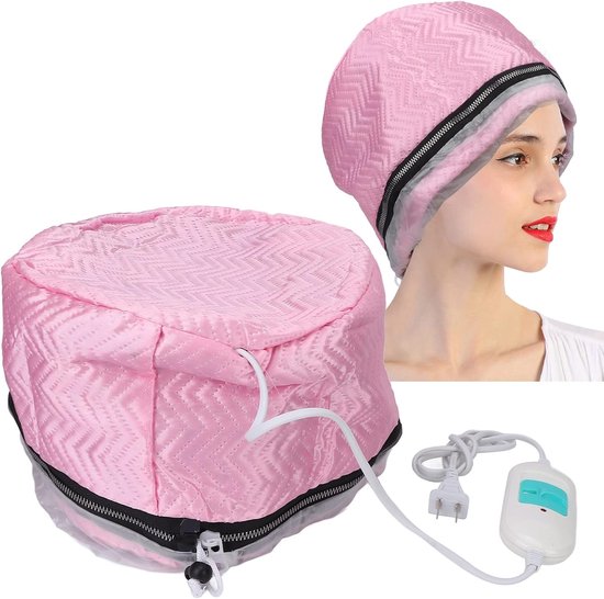 Roze haarmasker met rits en bedieningspaneel, naast een vrouw die het draagt. Een set voor haartherapie.