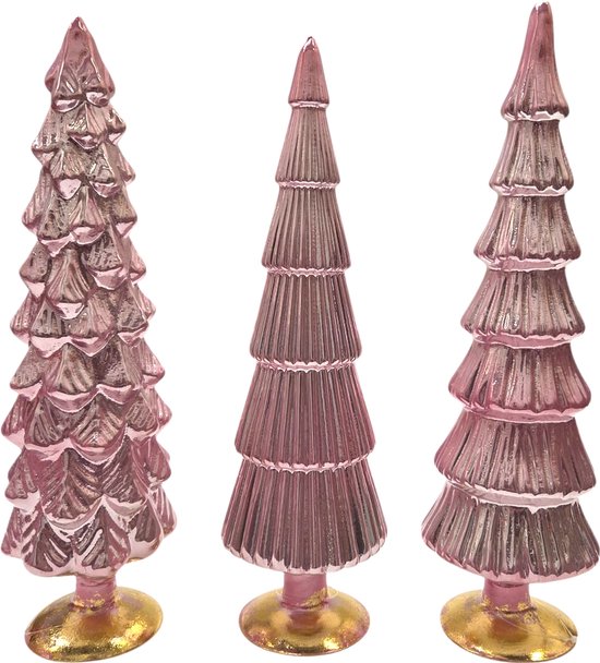 Ensemble super décoratif de 3 sapins de Noël en verre rose 10 x 30 cm