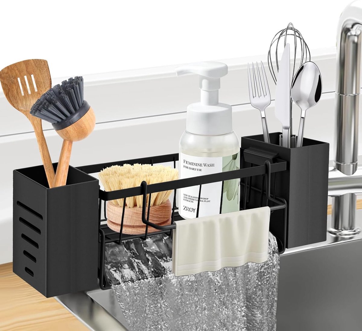 Stunq® Stijlvolle Zwarte Gootsteen Organizer met Druiprek en Handdoekhouder voor Keuken en Badkamer