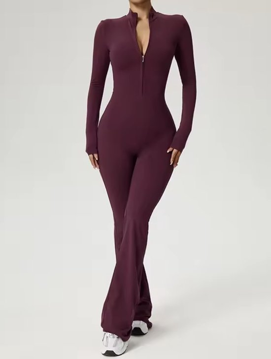 Volt Zip Flare Jumpsuit - Maat M - Burgundy - Ribbed Stretch Jumpsuit met Ritssluiting - Comfortabele Flare Fit - Bordeaux Rood - Seamless - Dames — afbeelding 4