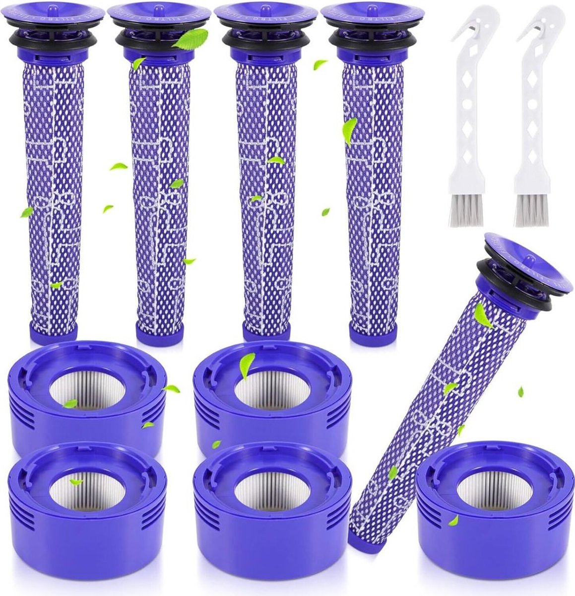 Twaalf filters geschikt voor stofzuigers uit de V7- en V8-serie, waaronder vijf HEPA-achterfilters en vijf geschikt voorfilters, plus twee reinigingsborstels. Deze filters zijn geschikt voor Dyson V8-stofzuigers