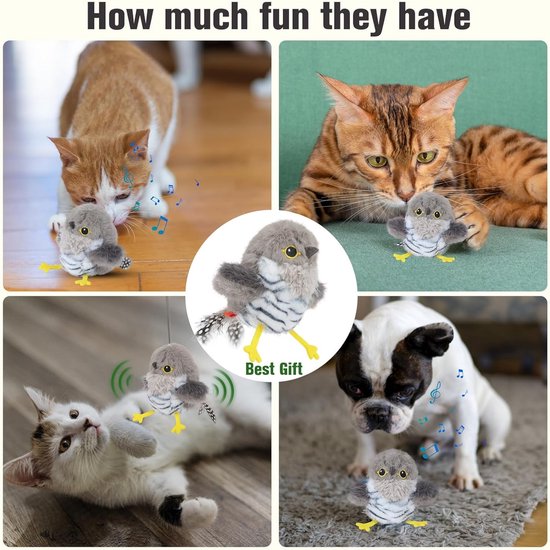 Een grijze pluche vogel met gele pootjes als cadeau. Katten spelen interactief met de vogel.