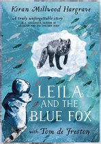 Boek "Leila and the Blue Fox" met een illustratie van een vos en een kind in de sneeuw, omringd door vissen.