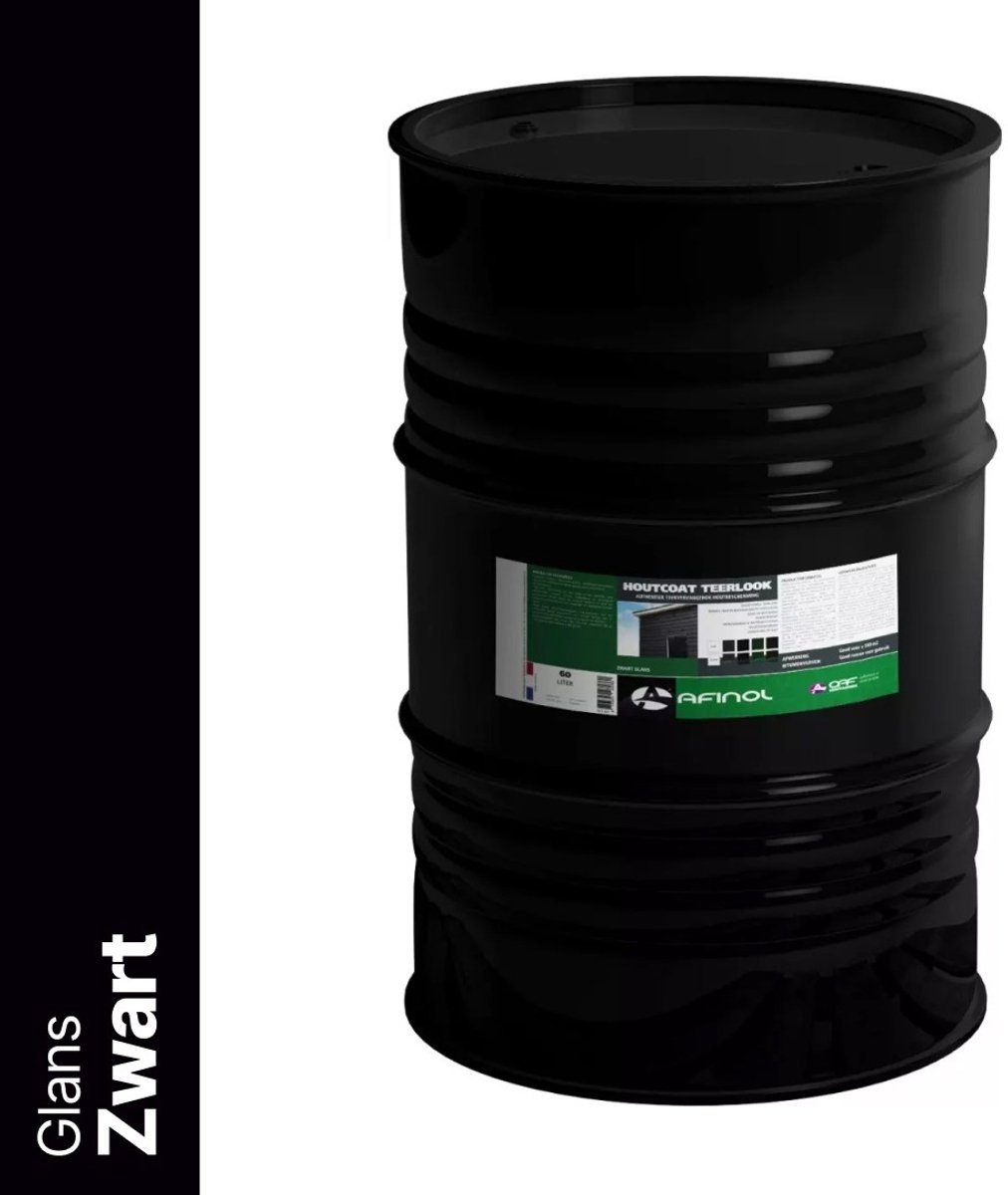 Afinol Houtcoat Teerlook Glans Zwart 60 liter - Bescherming tegen weersinvloeden - UV bestendig - Niet kleverig - Dekkende Hout Beits - In Mat of Glans - In Zwart, Antraciet en Groen