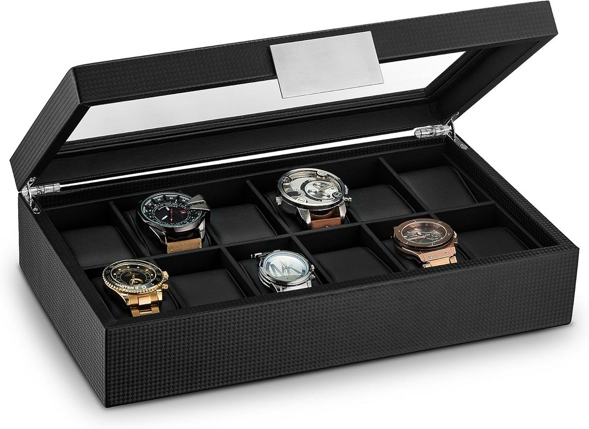 Luxe Horlogebox Heren met 12 Slots en Carbon Fiber Design