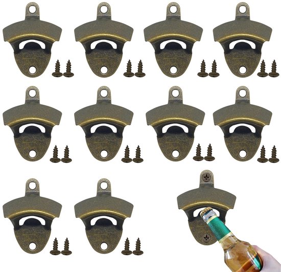 Flesopener voor aan de muur, 10 stuks flesopener, wandmontage, flesopener om vast te schroeven, wandflesopener, bieropener, muur, geschikt voor bars, restaurants, cafés, thuiskeukens