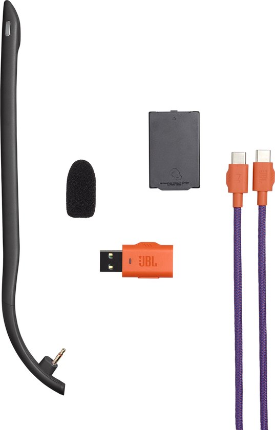 Oplaadbare batterij, USB-dongle, microfoon met windkap en kabels voor JBL Quantum 650 headset.