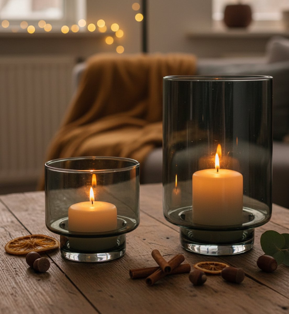 Windlicht Set Thames en Tees | Grijs | Mondgeblazen glas | Ø14 x H21 cm en Ø11,5 x H11,5 cm
