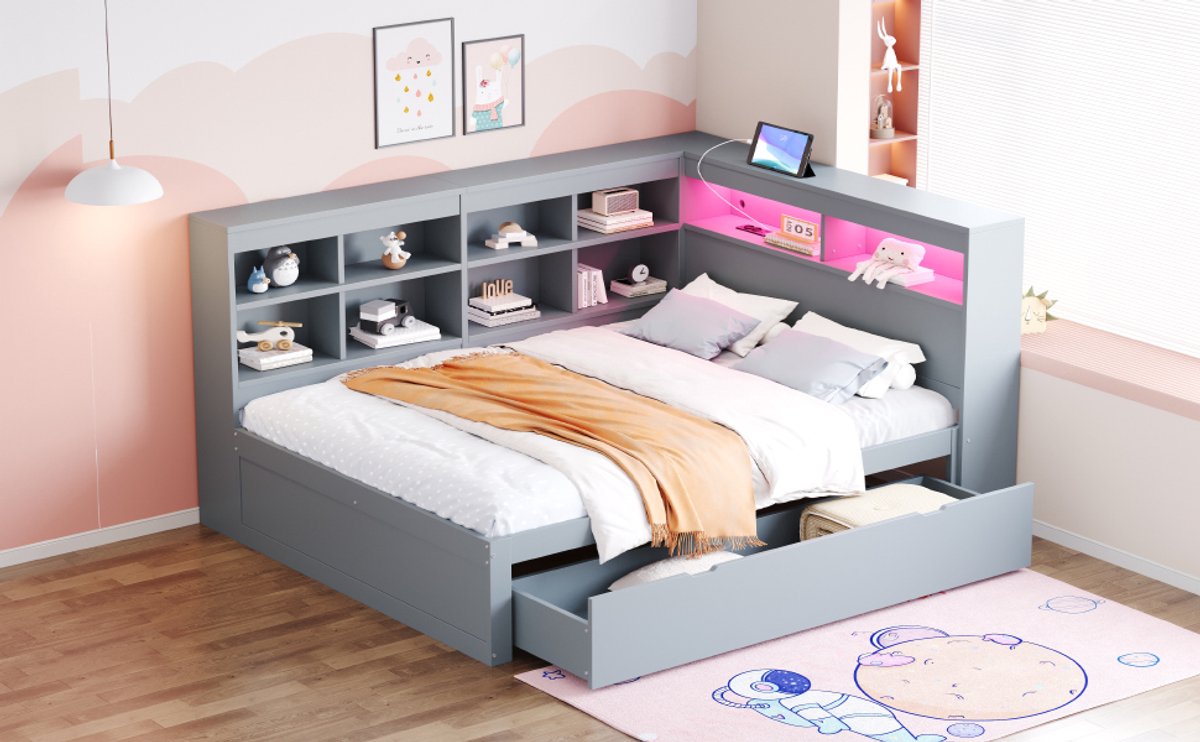 Wishdor Multifunctioneel Slaapbankbed - Opberglades En Opbergvakken - Usb-Aansluiting En Led-Licht - Hout - Grijs - 140 X 200 Cm
