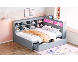 Wishdor – Multifunctioneel bed 140x200 cm – USB & LED – Opberglades & vakken – Hout grijs – Opgeruimd