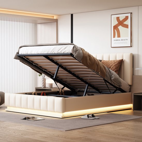 Wishdor – Gestoffeerd opbergbed – LED & hydraulisch – Kunstleer wit – 140x200 cm – Sfeervol & ruim