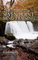 Boek 'The Seven-Point Mind Training' met tekst op een foto van een waterval in de herfst.