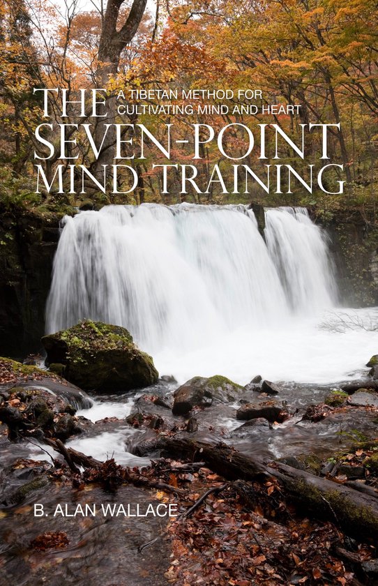 Boek 'The Seven-Point Mind Training' met tekst op een foto van een waterval in de herfst.