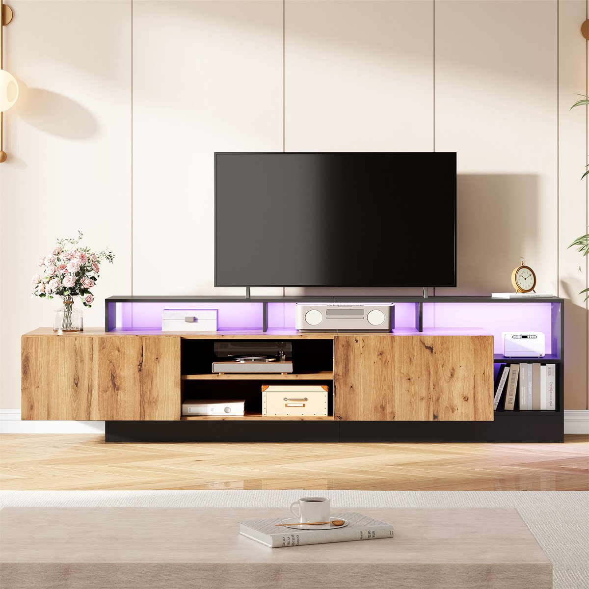 Wishdor Modern TV-Meubel 190 cm met LED Verlichting - Asymmetrisch Design met 2 Klepdeuren