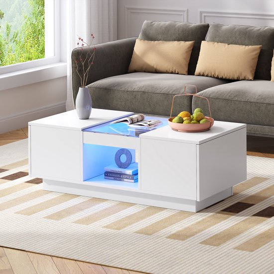 YESGIGA Salontafel met glazen bekleding, ledverlichting, app-bediening, 2 laden en 1 open vak (zwart