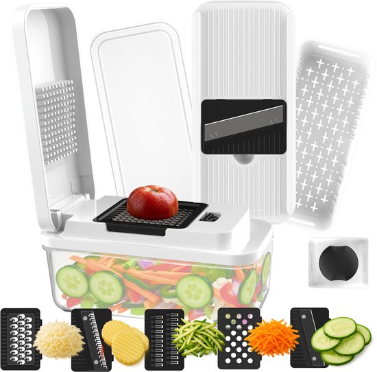 Groentesnijder Multifunctioneel & Mandoline Keukensnijder - 13-delig - Uienhakker Met Opvangbak 1,3L - Inclusief Bewaardeksel - Wit - Vivid Green