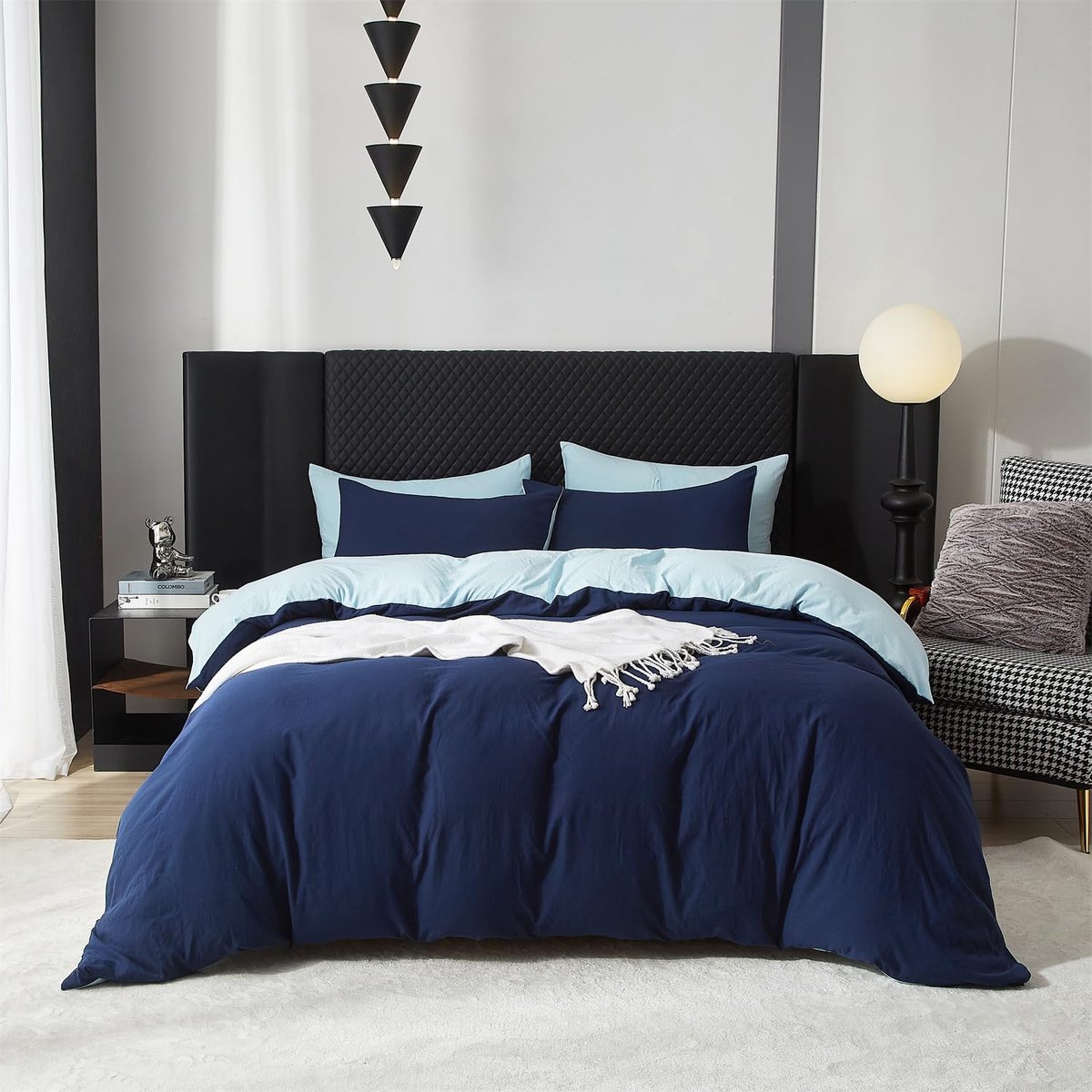 Unyqoos Luxe katoenen beddengoedset met omkeerbaar ontwerp en ritssluiting marineblauw