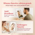 Man draait spiegel 360 graden; vrouw gebruikt spiegel met geheugenfunctie.