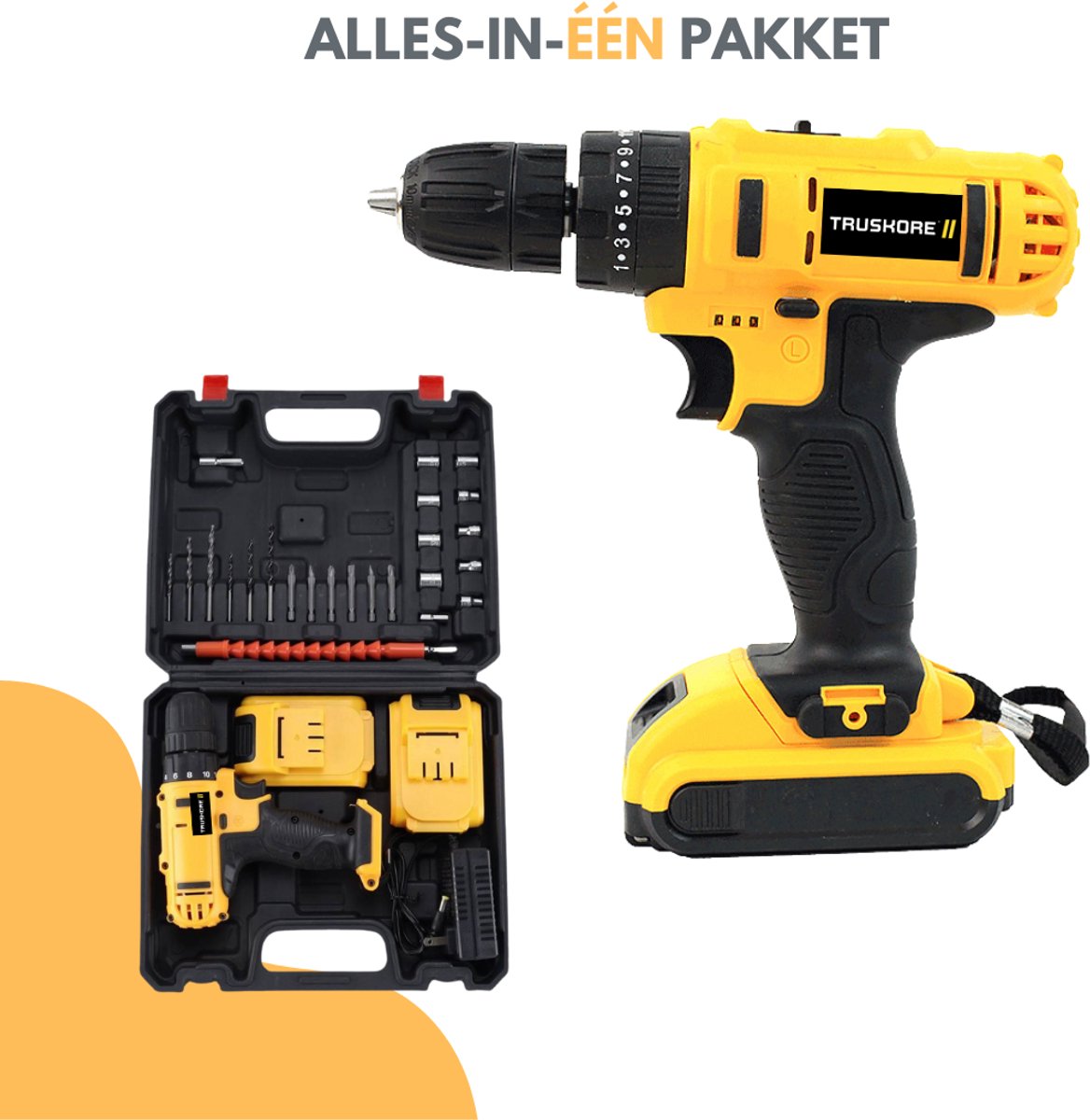 Truskore Draadloze Accuboormachine – Compacte Elektrische Boor & Schroevendraaier – Inclusief 2 Oplaadbare Batterijen – Ideaal voor Klusjes in en om het Huis – Boormachine - Boorhamer - Met Gereedschapsset – Geel – foto 3