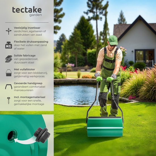 tectake® Gazonwals - 60 cm Breed - Ergonomische Grasroller - Tuinwals - Gazonrol - Graswals - Te vullen met Water of Zand - Stalen Constructie voor Perfecte Bodemafsluiting van Merkloos	 — afbeelding 2