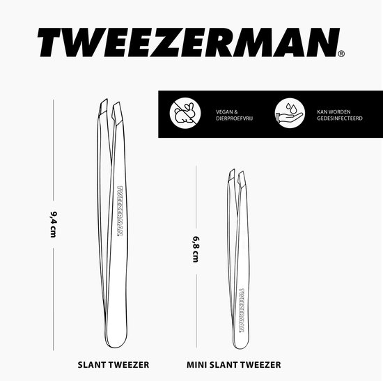 Schematische weergave van een Tweezerman schuin pincet (9,4 cm) en een mini schuin pincet (6,8 cm). Inclusief "Vegan & Dierproefvrij" en "Kan worden gedesinfecteerd" iconen.