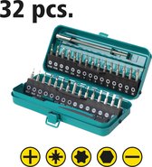 Open teal metalen koffer met 32 precisiebitten en een schroevendraaier.