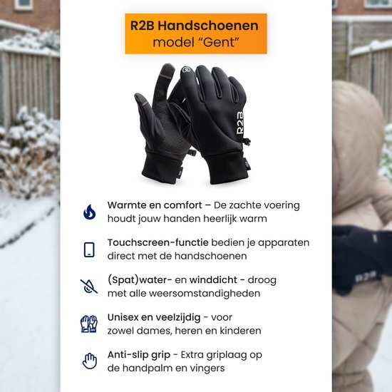 Zwarte R2B handschoenen model "Gent" met functies: warm en comfortabel, touchscreen, water- en winddicht, unisex, anti-slip grip.